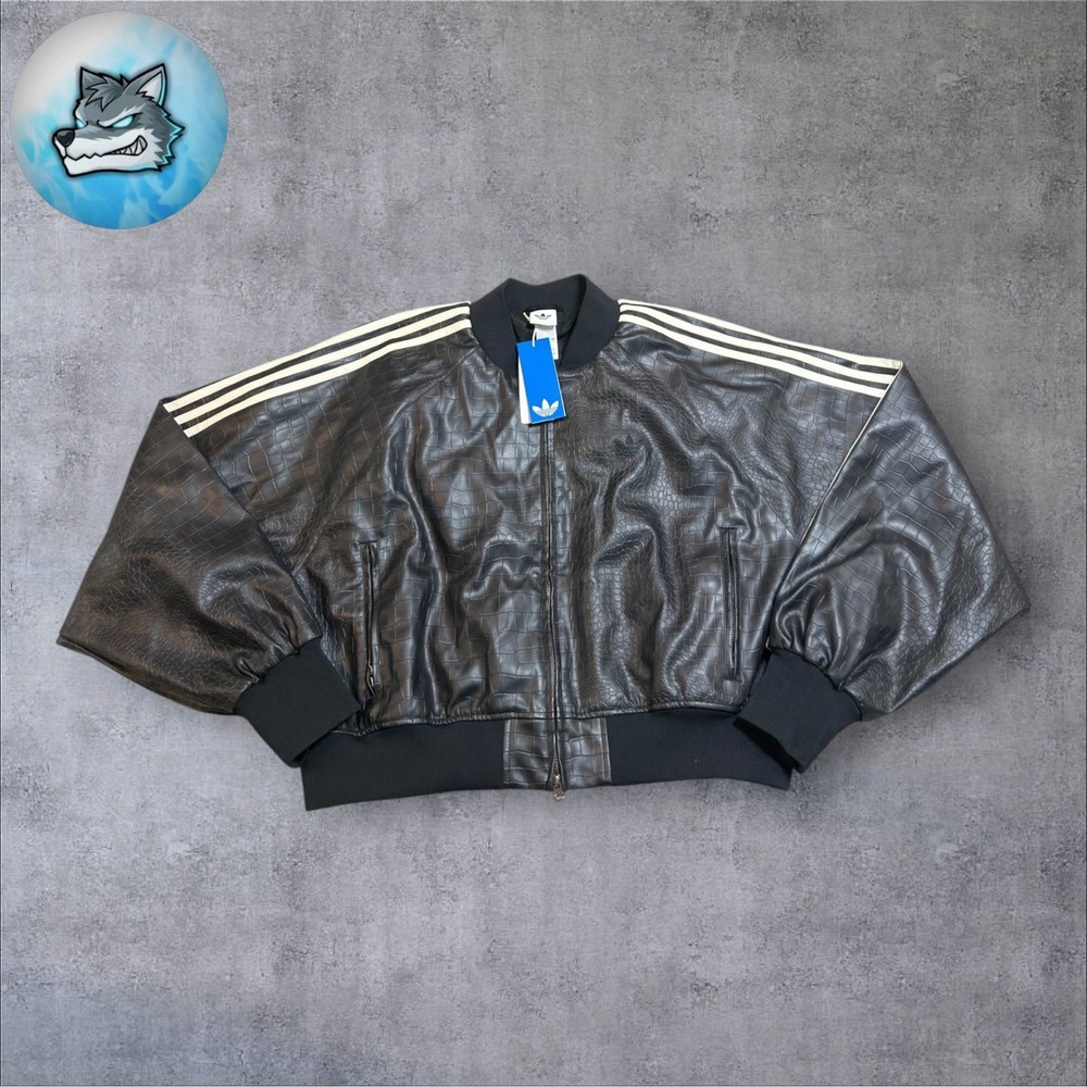 adidas Originals Faux Leather Croc Crop Track Jacket Womens Large KE5035 Black